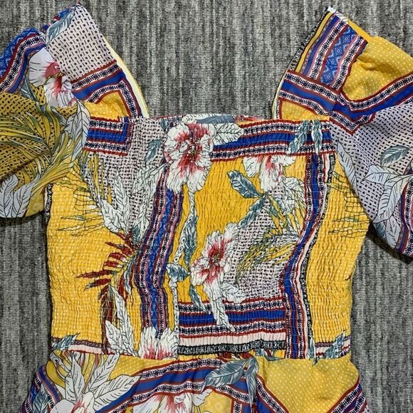 Rabbit Rabbit Rabbit Womens 12 Midi Dress Yellow Blue Smocked‎ Bodice Hanky Hem - Picture 3 of 8